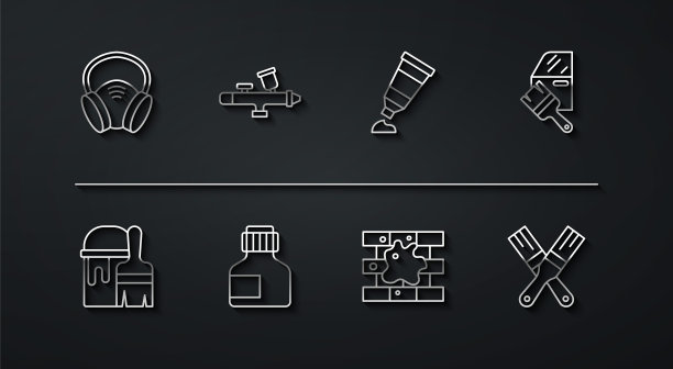 设置线防毒面具，油漆桶与刷子，汽车油漆，油漆的房子，油漆，水粉，罐子，染料，喷枪，和管调色板图标。向量图片下载