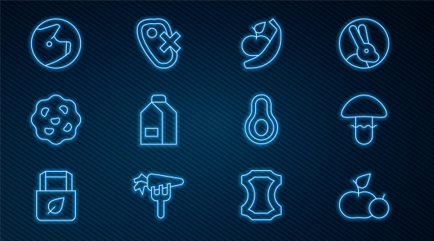 设置线苹果，蘑菇，香蕉，纸包装牛奶，饼干饼干，猪，鳄梨水果和无肉图标。向量图片下载