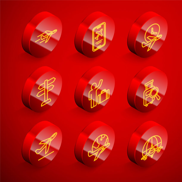 集线飞机，移动机票，飞行时间，道路交通标志，旅游行李箱，丢失行李，起飞和全球飞行飞机图标。向量图片下载