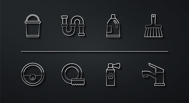 集线桶，机器人真空吸尘器，处理扫帚，空气清新剂喷雾瓶，洗碗，工业金属管，水龙头和瓶子清洗剂图标。向量图片下载