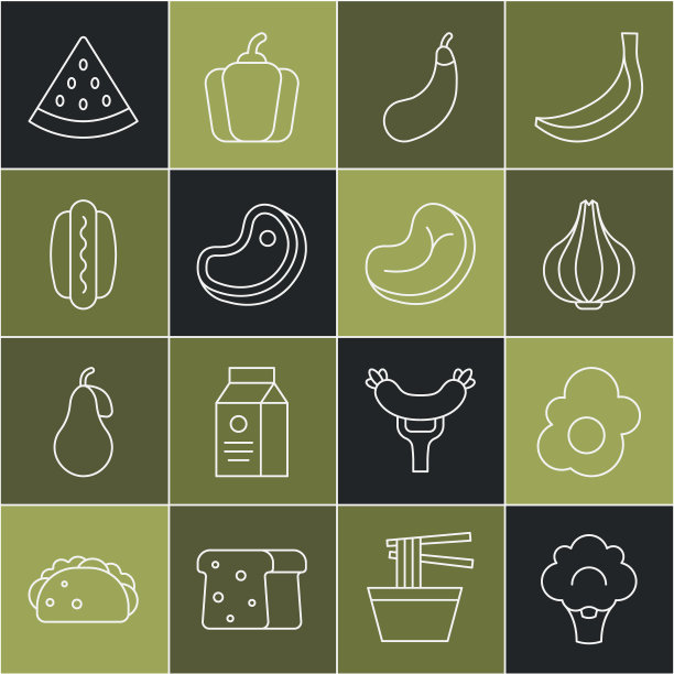 设花椰菜，炒鸡蛋，大蒜，茄子，牛排肉，热狗，西瓜和图标。向量图片下载