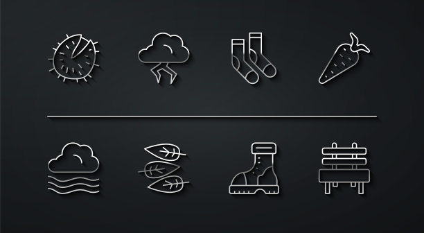 设置线栗子，刮风的天气，胡萝卜，防水橡胶靴，叶子或叶子，风暴，长凳和袜子图标。向量图片下载