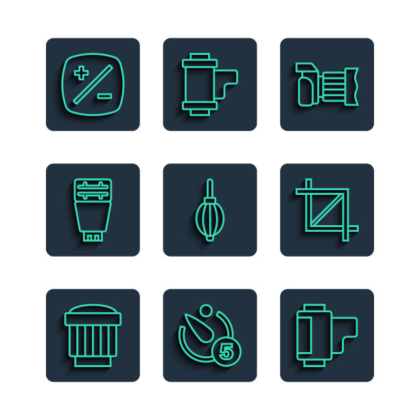 设置线相机照片镜头，定时器，滚筒墨盒，照片相机，吹灰机，闪光灯，曝光补偿和图片裁剪图标。向量图片下载