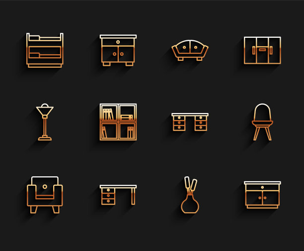 设线扶手椅、办公桌、双层床、花瓶图片下载