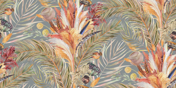 无缝图案与干燥的热带棕榈叶和潘帕斯草在水彩画图片下载