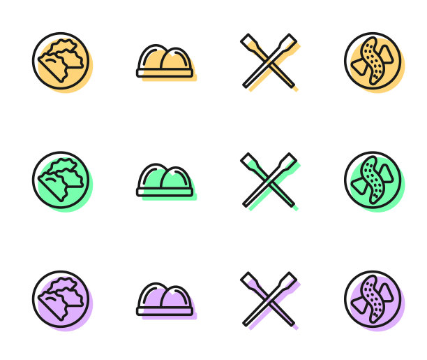 设置线食物筷子，饺子，寿司和黄瓜在一个盘子图标。向量图片下载