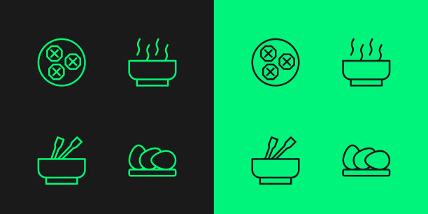 套餐有鸡蛋，亚洲面，馄饨和拉面汤。向量图片下载