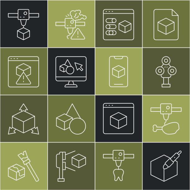 集线3d笔工具，3d打印机鸡腿，扫描仪，软件，立方体和图标。向量图片下载