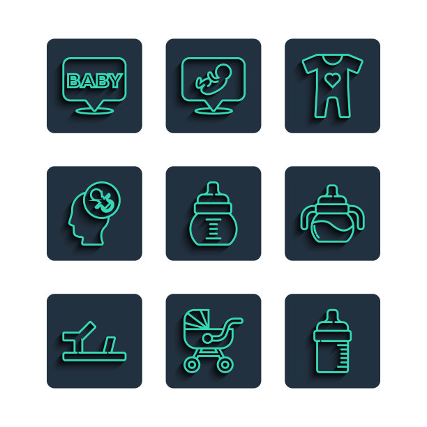 集线婴儿鞋，婴儿车，奶瓶，衣服，奶嘴，和图标。向量图片下载