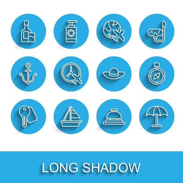 集酒店门锁钥匙、游艇帆船、威士忌酒瓶及酒杯、服务铃、遮阳伞、飞机钟、指南针及优雅女性帽标。向量图片下载