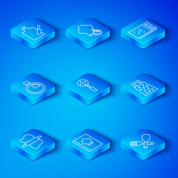 在面团，抹刀，食谱，磨碎器，微波炉，秒表，砧板，刀和交叉叉勺图标上设置线擀面杖。向量图片下载