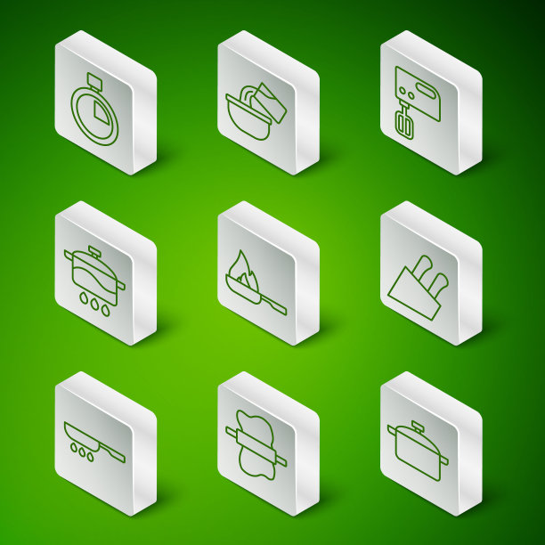 设置线烹饪锅，擀面杖上的面团，秒表，煎锅，平底锅，和刀图标。向量图片下载