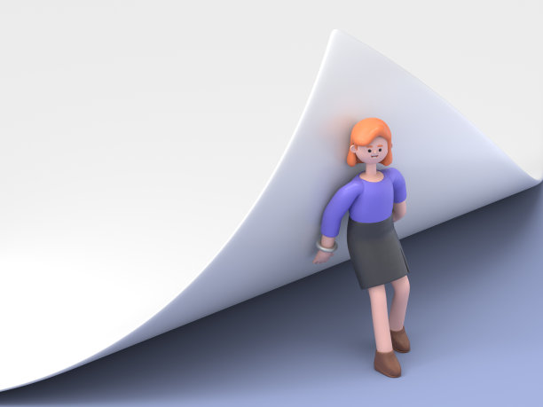 三维插图微笑的欧洲女商人艾伦试图翻过这一页。白色背景的3D渲染。图片下载