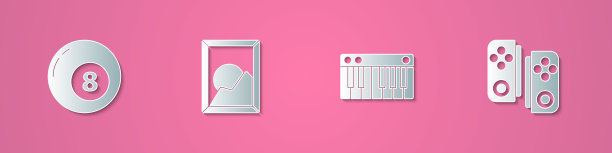 集剪纸台球台球，图片景观，音乐合成器和手柄图标。纸艺风格。向量图片下载