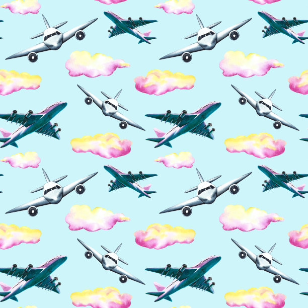 飞机和云在蓝色背景上的无缝图案。水彩手绘插图。专为背景，传单，横幅。用于标签、包装和纺织品。图片下载