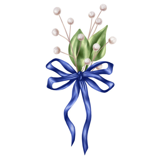 用蓝色缎带把叶子和干花系在一起的优雅组合。白色背景上的数字插图。用于邀请，日期保存，感谢或贺卡图片下载