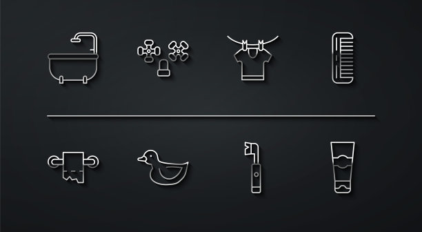 集浴缸，厕纸卷，发刷，电动牙刷，橡皮鸭，水龙头，牙膏管和干衣服图标。向量图片下载