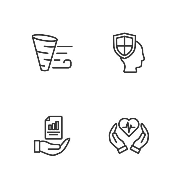 设置线路人寿保险，合同手，龙卷风和盾牌图标。向量图片下载