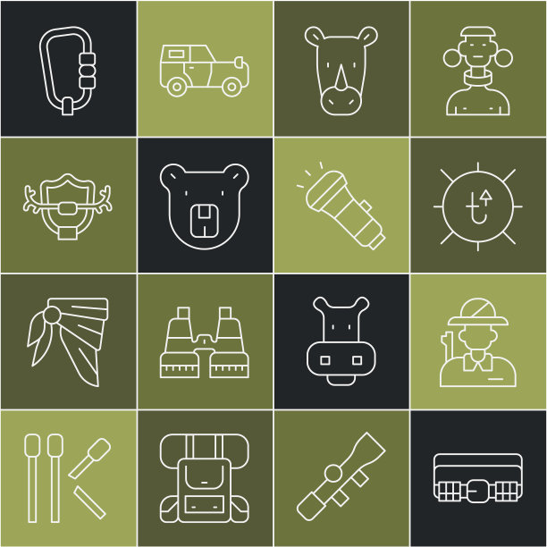 设置线狩猎子弹带，猎人，太阳，犀牛，熊头，鹿角上的盾牌，锁扣和手电筒图标。向量图片下载
