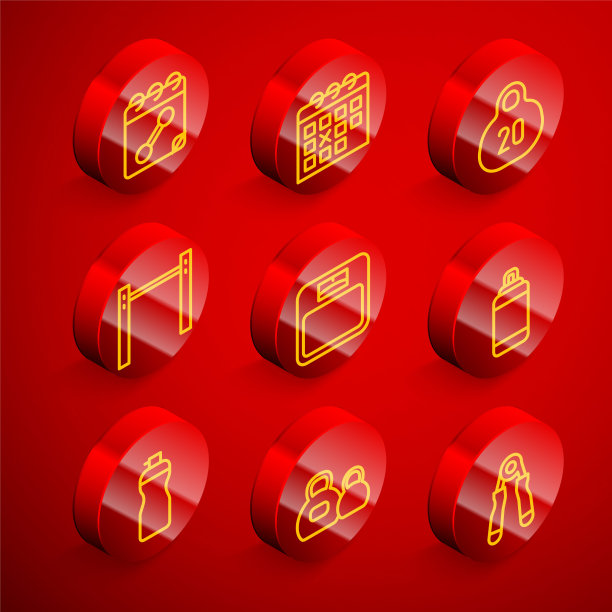 设置线日历健身，壶铃，单杠，浴室秤，沙袋，健身震动器和图标。向量图片下载