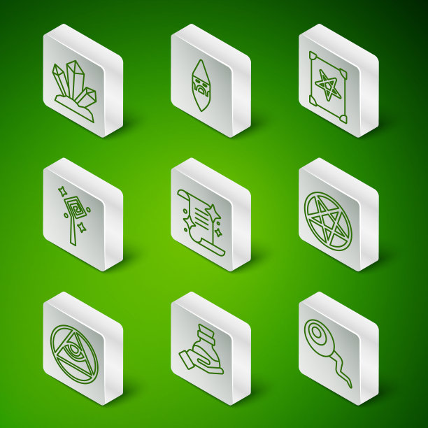 设置线眼，瓶子与药水，魔法石，古代魔法书，工作人员，巫师术士，泥瓦匠和五角星在圆圈图标。向量图片下载