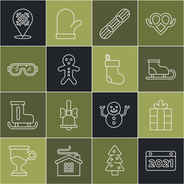 设置线日历，礼盒，花样滑冰，滑雪板，节日姜饼人饼干，滑雪护目镜，雪花和圣诞袜图标。向量图片下载