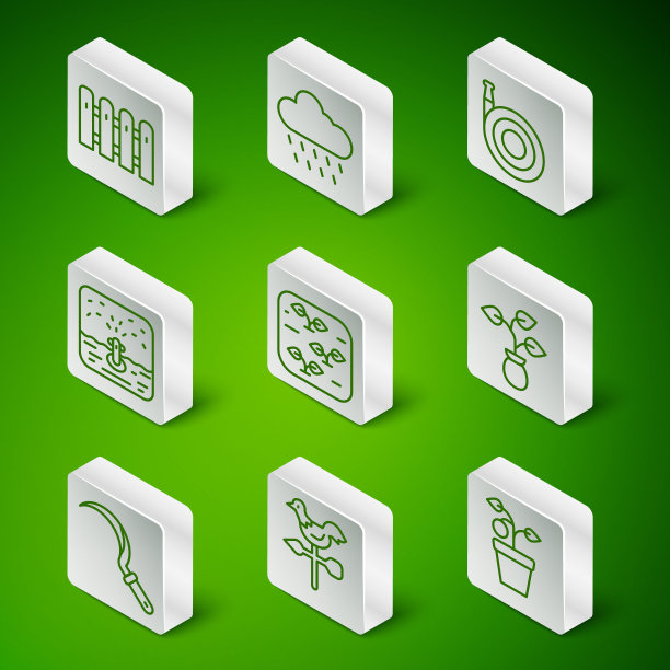 盆栽植物，公鸡风向标，花园栅栏木，自动灌溉洒水器，云带雨，镰刀和图标。向量图片下载