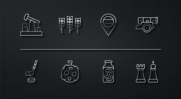 设线油泵或泵千斤顶，冰球棍和冰球，大炮，罐子里的腌黄瓜，月亮与旗帜，小麦，国际象棋和位置俄罗斯图标。向量图片下载