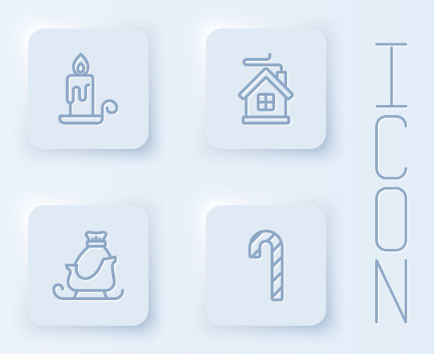 燃烧的蜡烛、圣诞小屋、圣诞老人雪橇和条纹拐杖糖白色方形按钮矢量素材图片下载