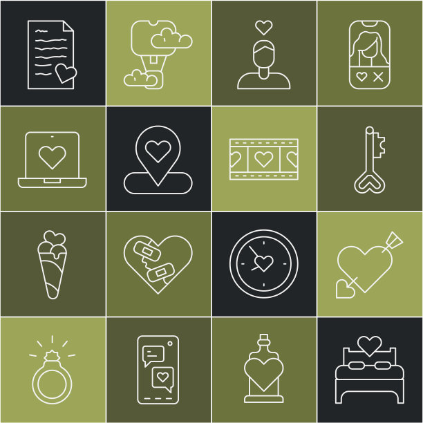 设置线卧室，爱心和箭头，钥匙形状，情侣爱情，位置，在线约会应用程序，信封情人节和播放视频图标。向量图片下载