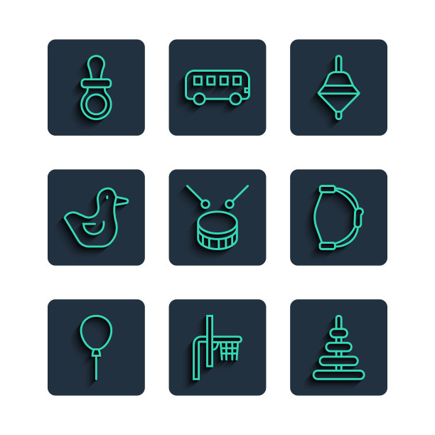 设线气球带，篮球篮板，金字塔玩具，旋转，鼓鼓棒，橡皮鸭，婴儿假奶嘴和弓图标。向量图片下载