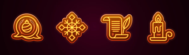 设置线圣诞球，雪花，信封和燃烧的蜡烛。发光的霓虹灯图标。向量图片下载