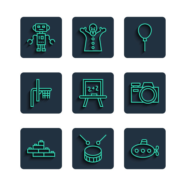 集线玩具积木砖，鼓鼓棒，潜艇玩具，气球丝带，黑板，篮球篮板，机器人和照片相机图标。向量图片下载