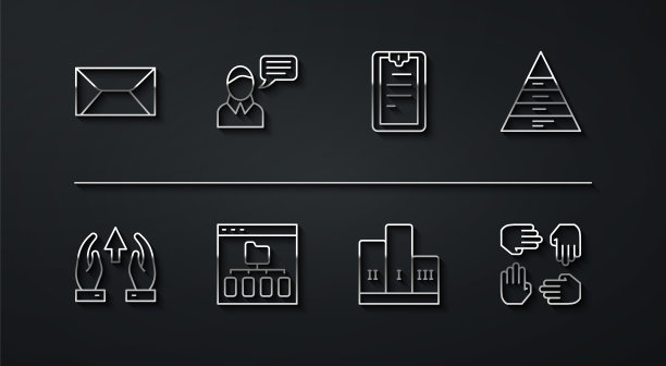 设置线信封，增长图表和进度，金字塔信息图，获奖者领奖台，浏览器文件，语音气泡聊天，项目团队基地和带有检查表图标的剪贴板。向量图片下载