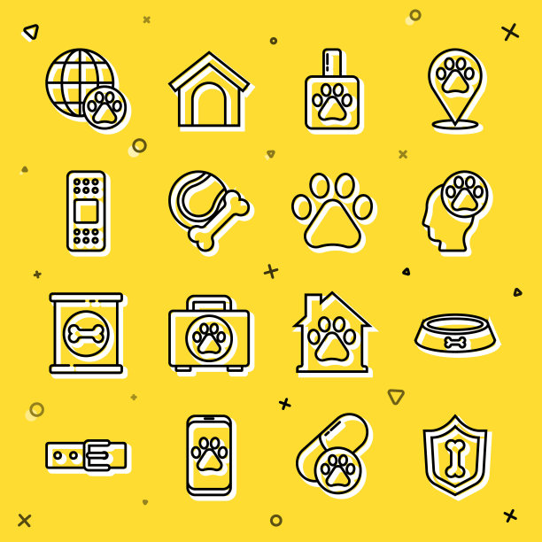 动物健康保险，宠物食品碗，人类与动物足迹，洗发水，玩具骨橡胶和球，绷带石膏，世界宠物和爪子图标。向量图片下载