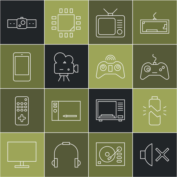 设置线扬声器静音，电池坏了，手柄，复古电视，电影相机，智能手机，手机，智能手表和无线手柄图标。向量图片下载