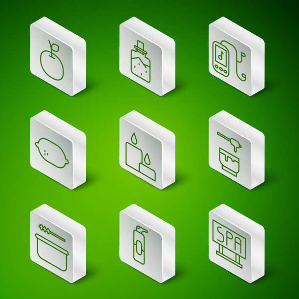 设置线水疗沙龙招牌，喷雾罐发胶，苹果，燃烧的蜡烛，柠檬，盐，桑拿桶勺和蜂蜜勺棒碗图标。向量图片下载