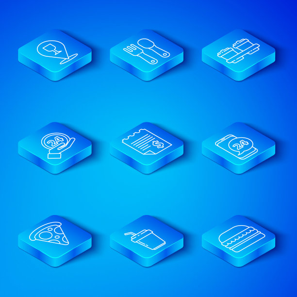 设置线切片披萨，纸或财务检查，咖啡杯去，食品订购，时钟24小时，酒精啤酒酒吧的位置和汉堡图标。向量图片下载