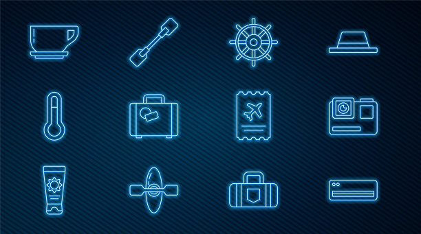 Set line空调，动作极限相机，船舶方向盘，手提箱，气象温度计，咖啡杯，机票和桨图标。向量图片下载