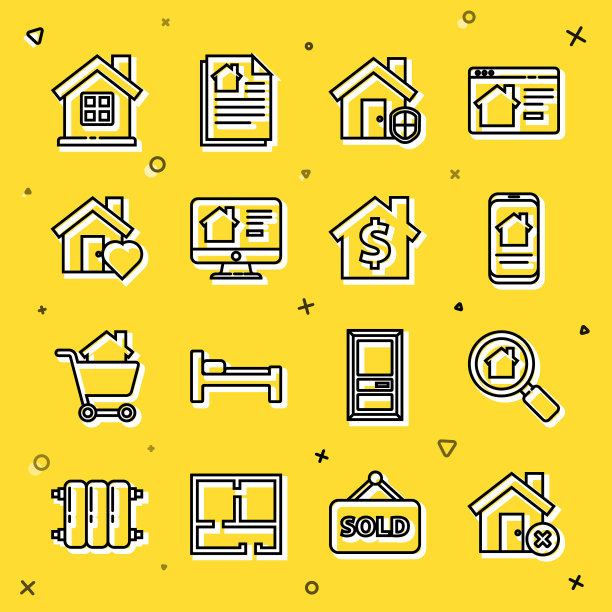 设置线房子有错误的标志，搜索房子，在线房地产，在保护下，心形，和美元符号图标。向量图片下载