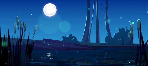 绿沼泽和香蒲湖畔，月圆夜图片下载