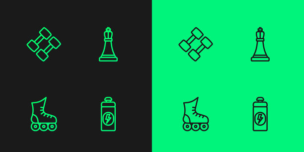 集线健身摇床，轮滑，哑铃和国际象棋图标。向量图片下载