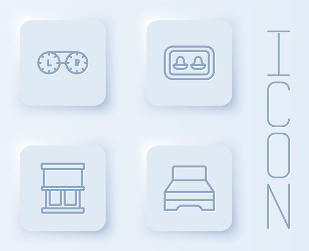 固定线隐形眼镜容器，耳塞收纳盒，窗帘和大床。白色方形按钮。向量图片下载