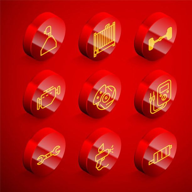 设置线路变速杆，汽车散热器冷却系统，汽车底盘，检查发动机，制动盘卡尺，万用表，扳手和油漆喷枪图标。向量图片下载