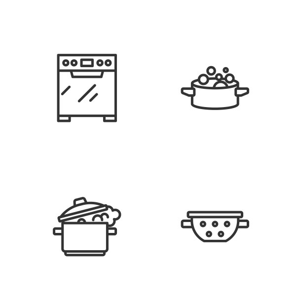 设置线厨房滤锅，烹饪锅，烤箱和图标。向量图片下载