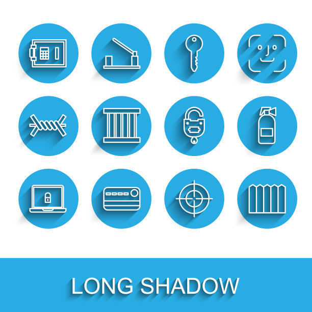 设置线笔记本电脑和锁，信用卡，安全，目标运动，花园栅栏木制，监狱窗口，灭火器和锁钥匙图标。向量图片下载