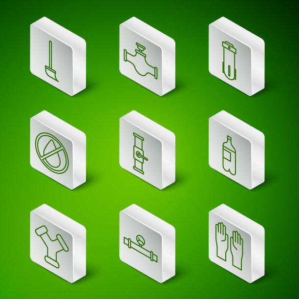 橡胶手套，工业管道和压力表，拖把，阀门，禁止水滴，金属和瓶装水图标。向量图片下载