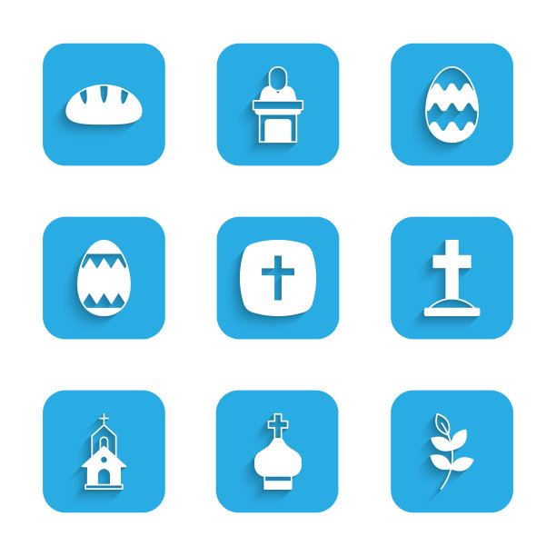 设置基督教十字架，教堂塔，柳叶，坟墓与，教堂建筑，复活节彩蛋，和面包图标。向量图片下载