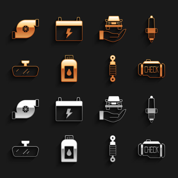 集汽油机油罐，汽车火花塞，检查发动机，减震器，后视镜，汽车服务检查汽车，汽车涡轮增压器和电池图标。向量图片下载
