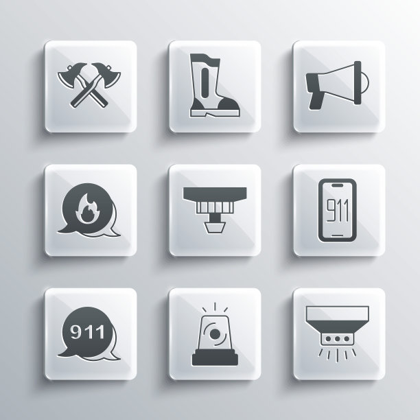 设置闪光警报器，消防喷淋系统，移动紧急呼叫911，烟雾报警器，紧急情况，消防员斧头和扩音器图标。向量图片下载